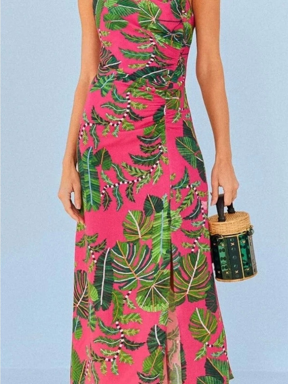 FARM Rio Pink Tropical Leaf Asymmetrical Dress